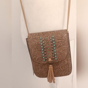 Elegant Brown Embossed Crossbody Bag with Turquoise Details